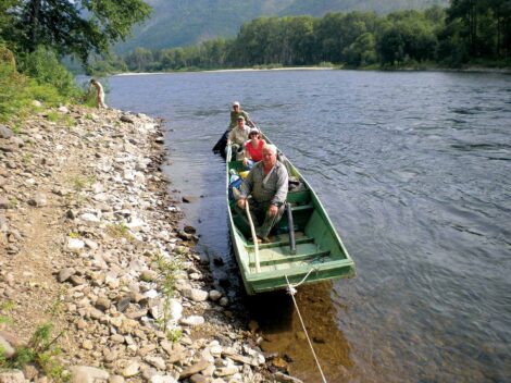 USFS restoration and forest fire prevention specialists on the Koppi River with guide.