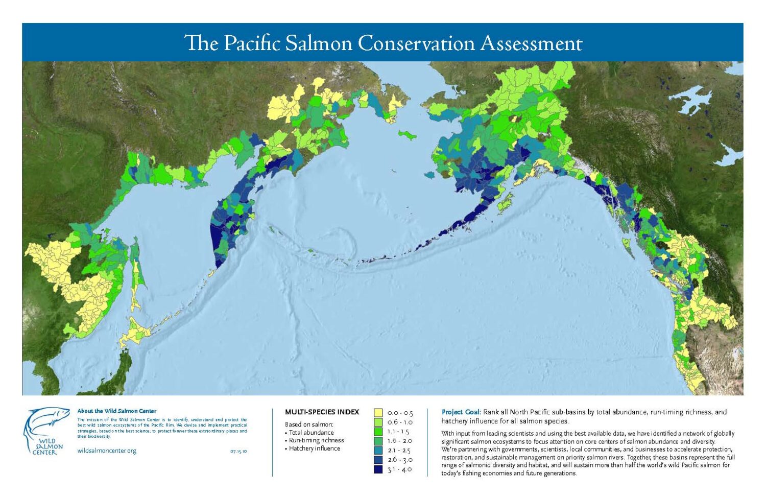 Map of Pacific Rim with important salmon watersheds shaded blue.