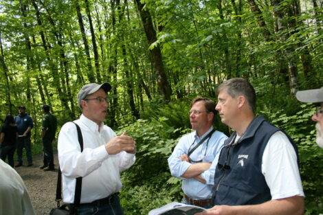 Three men talking in forest.