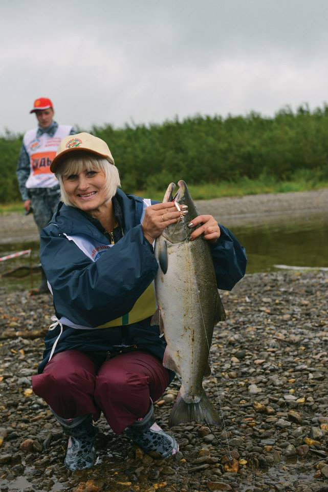 Liliya Fomina from the Sakhalin team fishing during Kamchatka Salmon Festival