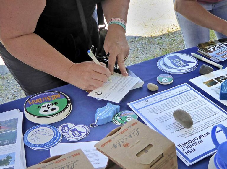 Salmonfest attendees sign postcards showing their opposition to the Susitna Dam